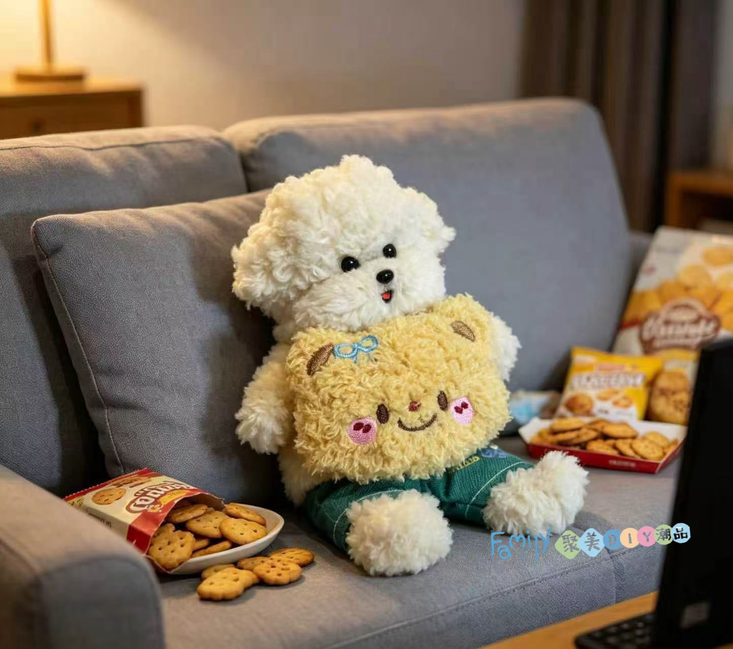 Puppy with cushion on sofa