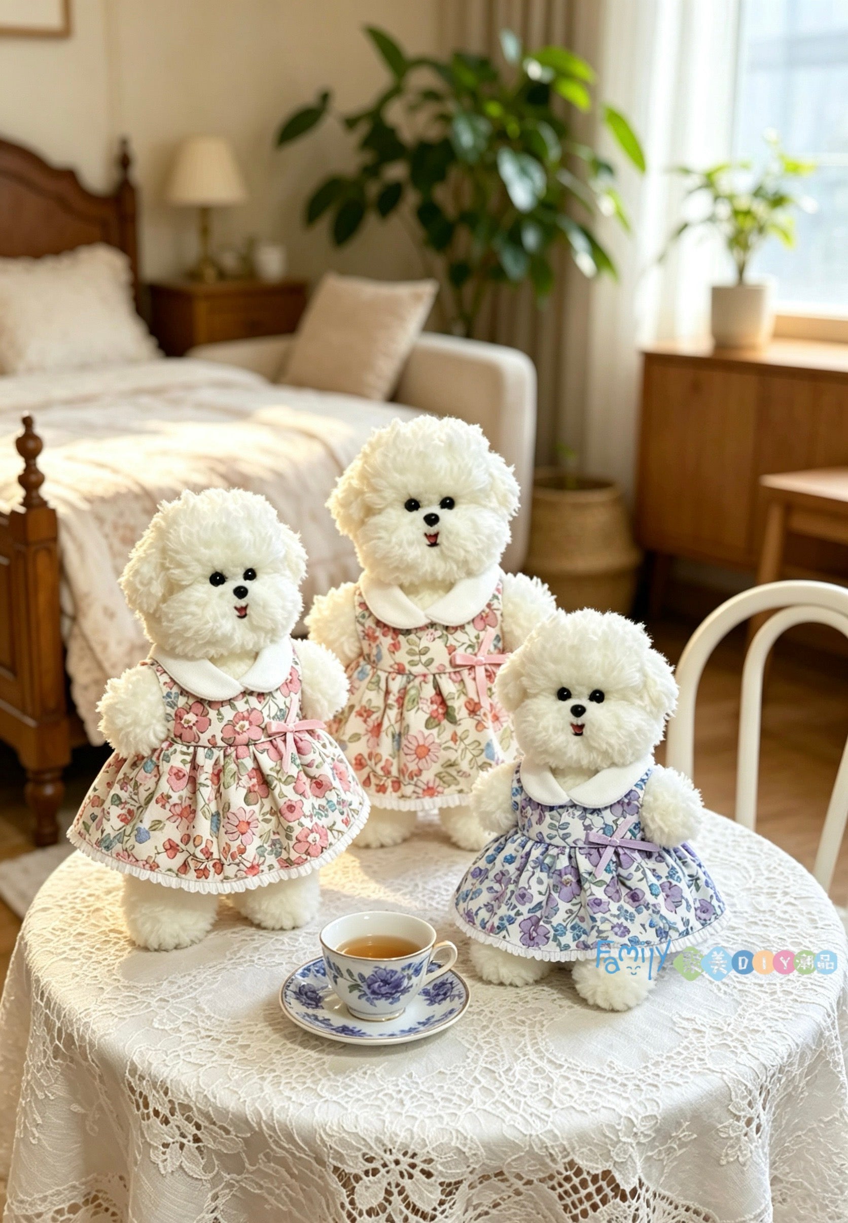 Three handmade puppies in floral dresses